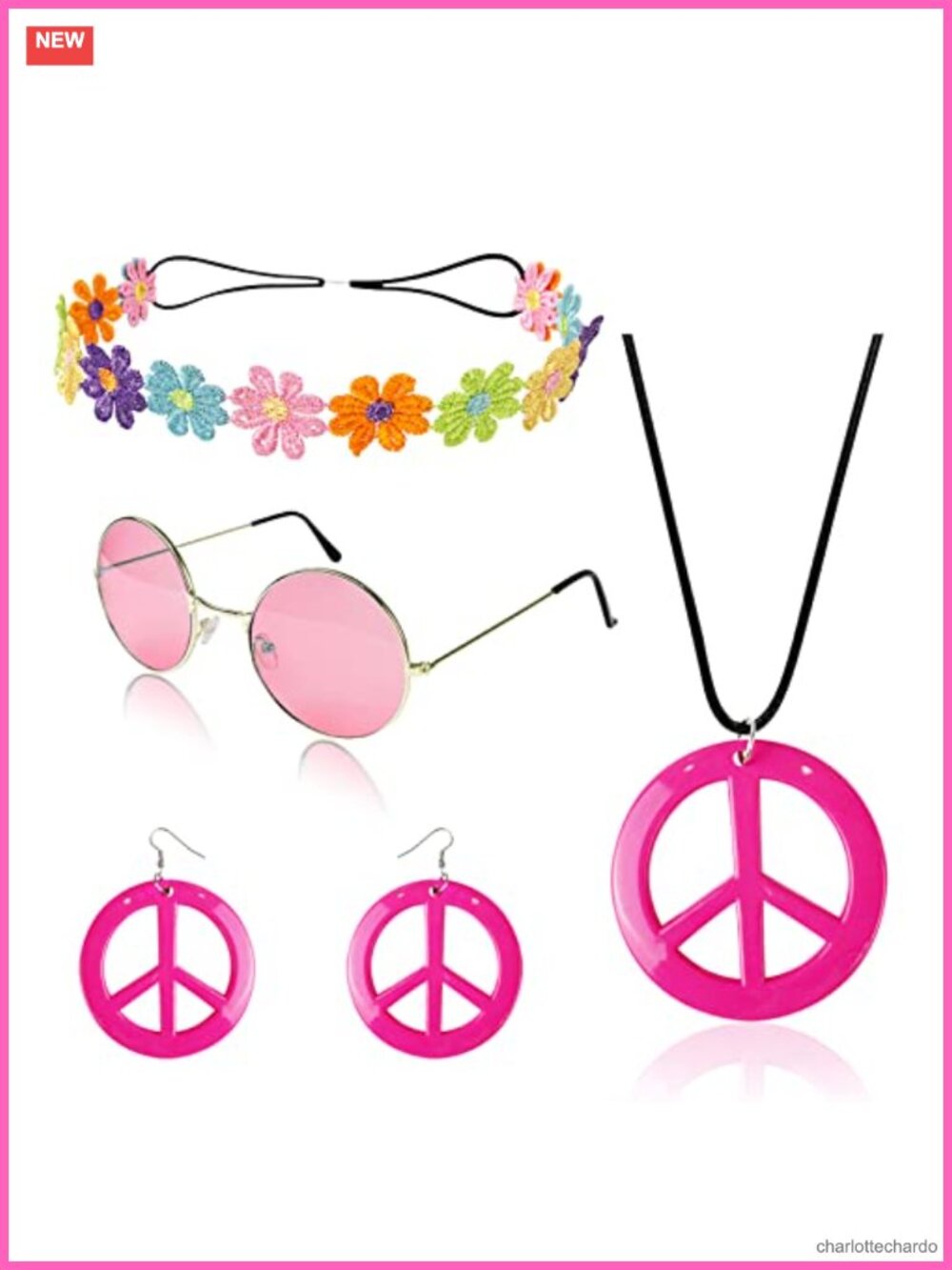 Hippie Costume Set Peace Sign Necklace Earrings Flower Crown Headband Sunglasses